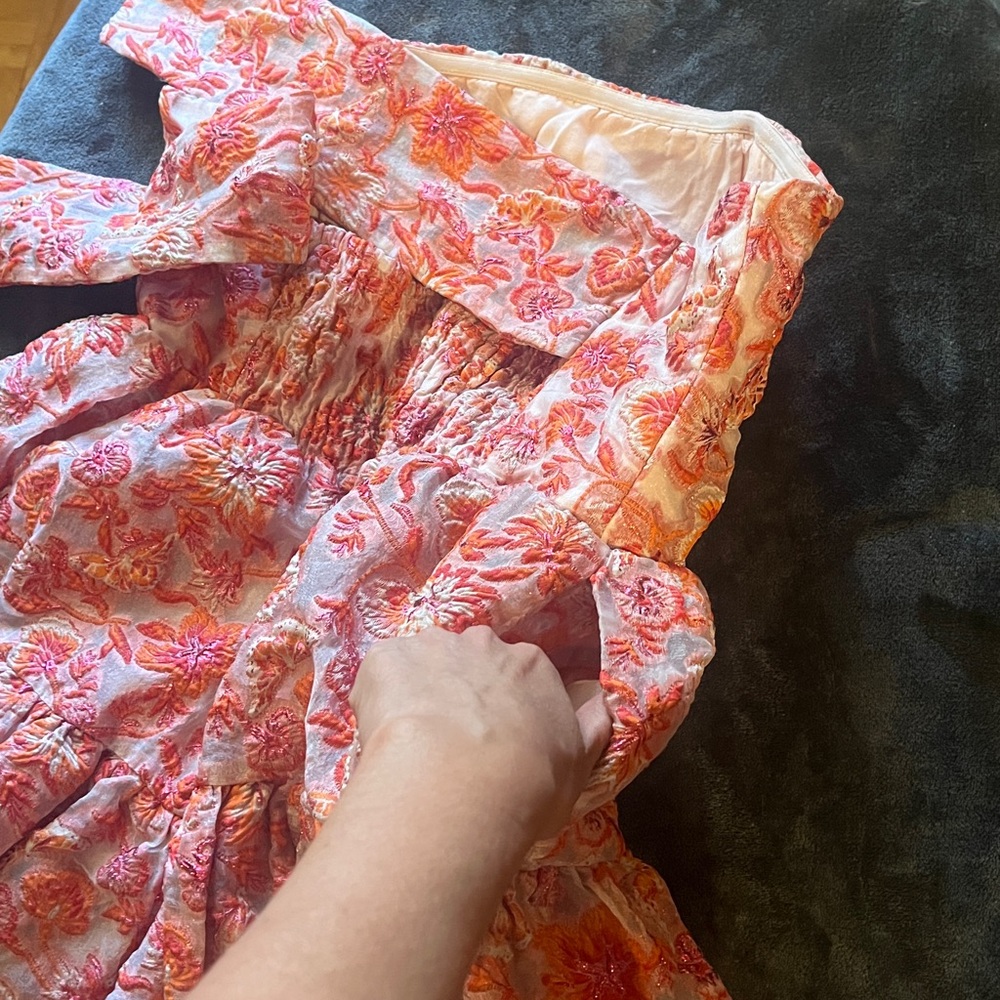 Anthropologie Strapless Mini Dress. Back bow, stretchy back. Orange, pink. L - Picture 16 of 16